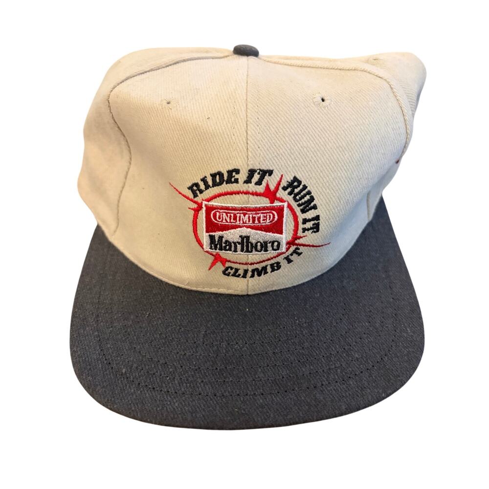 Marlboro Hat Tan Gray Ride It Run It Climb It Vintage Strapback Cap-NWOT